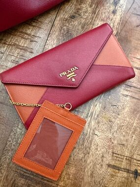 Prada Two-Tone Red and Orange Saffiano Envelope Wallet with Chain Cardholder